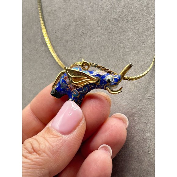 Vintage Cloisonne Elephant Necklace Dimensional Blue Enamel and Gold Tone Chain - Picture 5 of 8